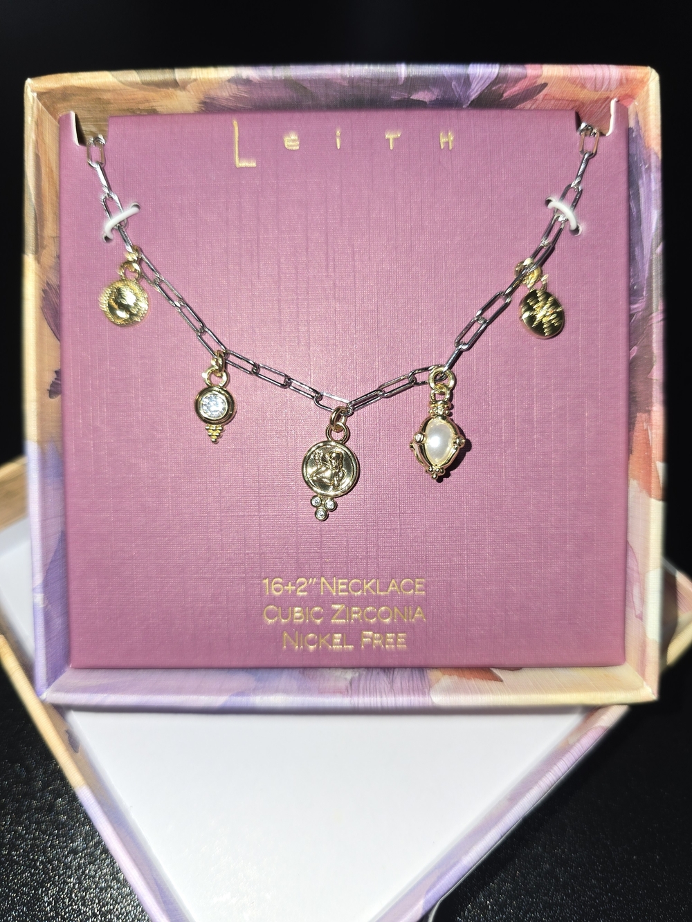 Leith Gold Charm Pendant Necklace with Pearl and CZ Accents - Gold, Brand New!